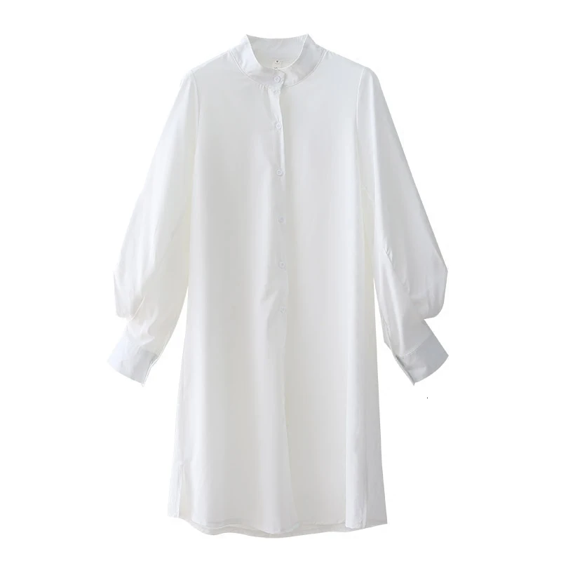 LANMREM Новинка модное свободное простое платье-рубашка с длинным рукавом Белое длинное платье со стоячим воротником Женская летняя одежда BC849