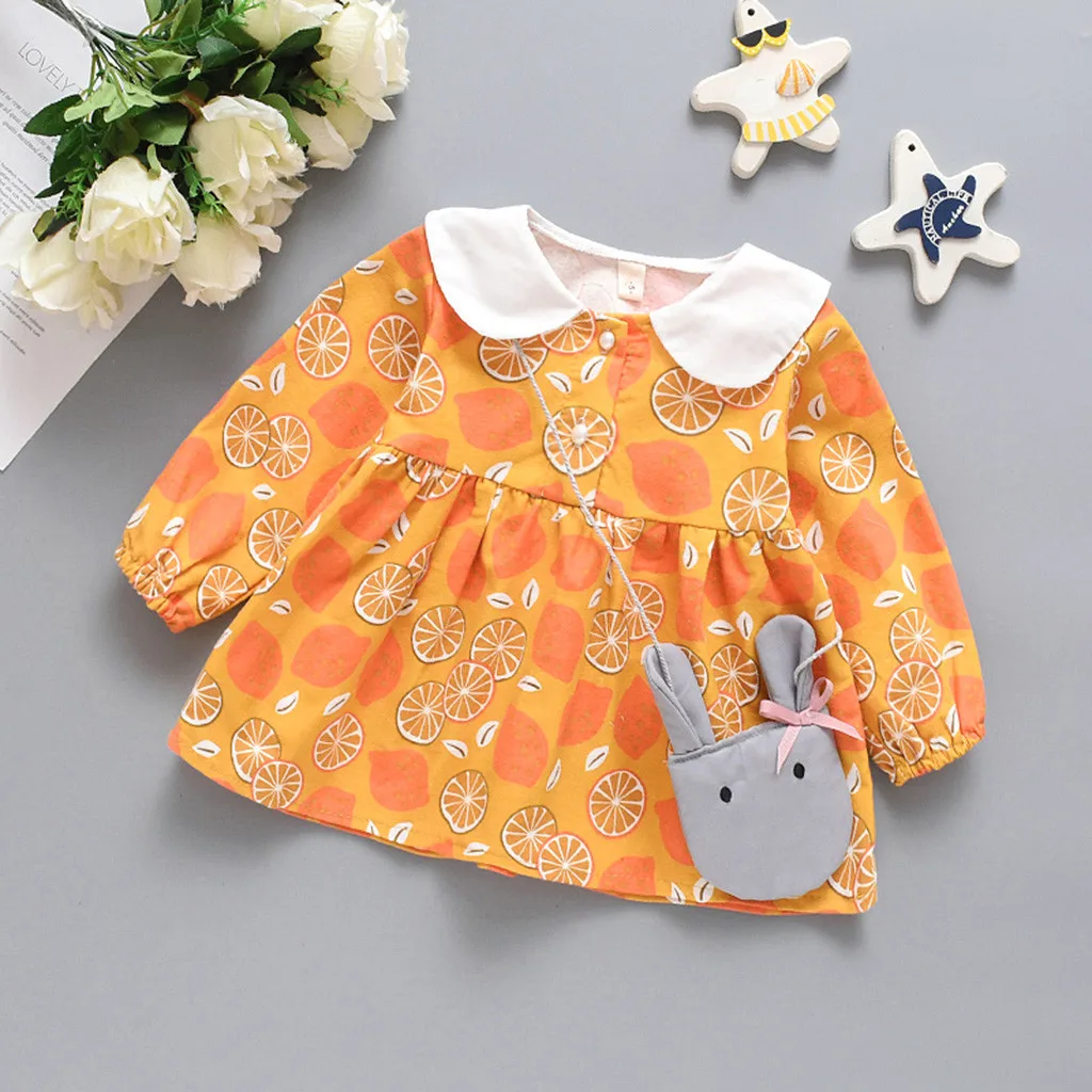 Платье для маленьких девочек; детское осеннее платье для новорожденных; милое платье принцессы с длинными рукавами и принтом лимона для маленьких девочек; комплект одежды с сумочкой