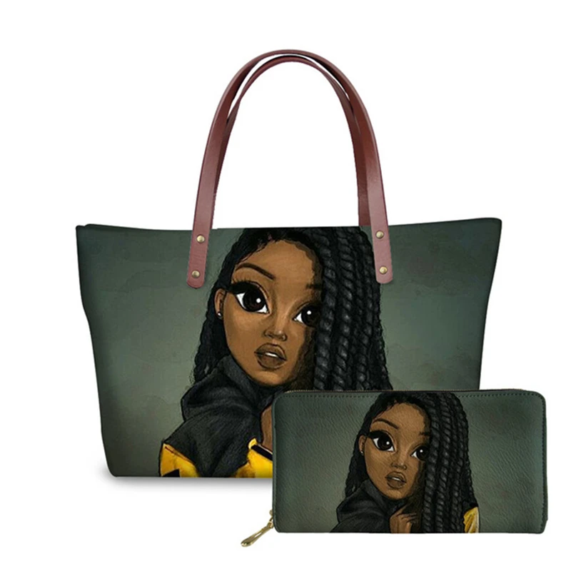 

Brand Design Luxury Handbags Wallet Set Black Art African Girl Print Handbag&Purses For Women Top-Handle Bags Female Custom Pack