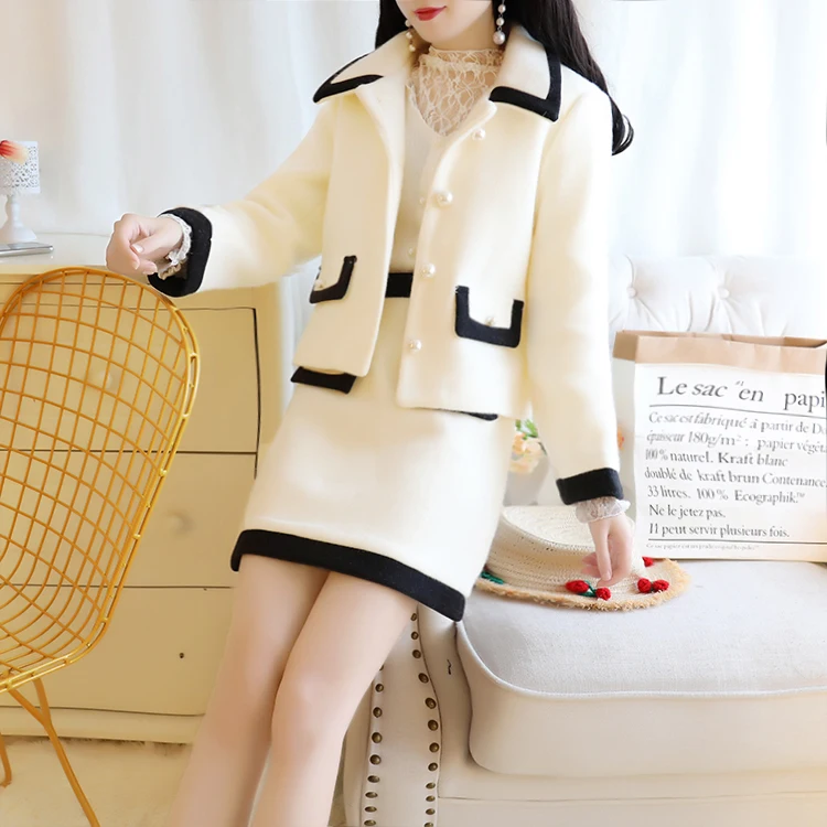 SWEETXUE/осенне-зимний модный шерстяной комплект из 2 предметов, короткая куртка с жемчужной пряжкой+ высокая юбка с тонкой талией, Теплый Женский костюм