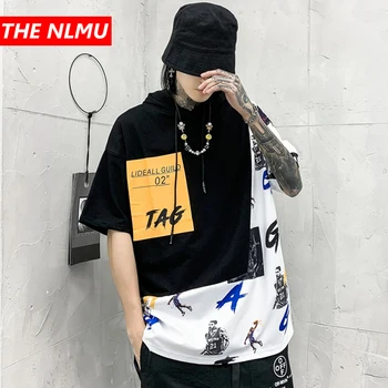 

2020 Summer Harajuku Hooded T-shirt Men Color Patchwork Short Sleeve Tshirt Hip Hop Sweatshirt Streetwear Tops Tee T Shirt WG803