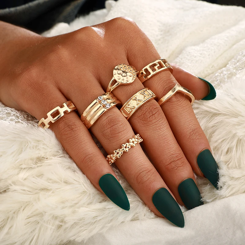 docona Punk Gold Color Greek alphabet Tai Chi Ring Set for Women Girl Metal Geometric Knuckle Midi Rings Set Anillos 9076