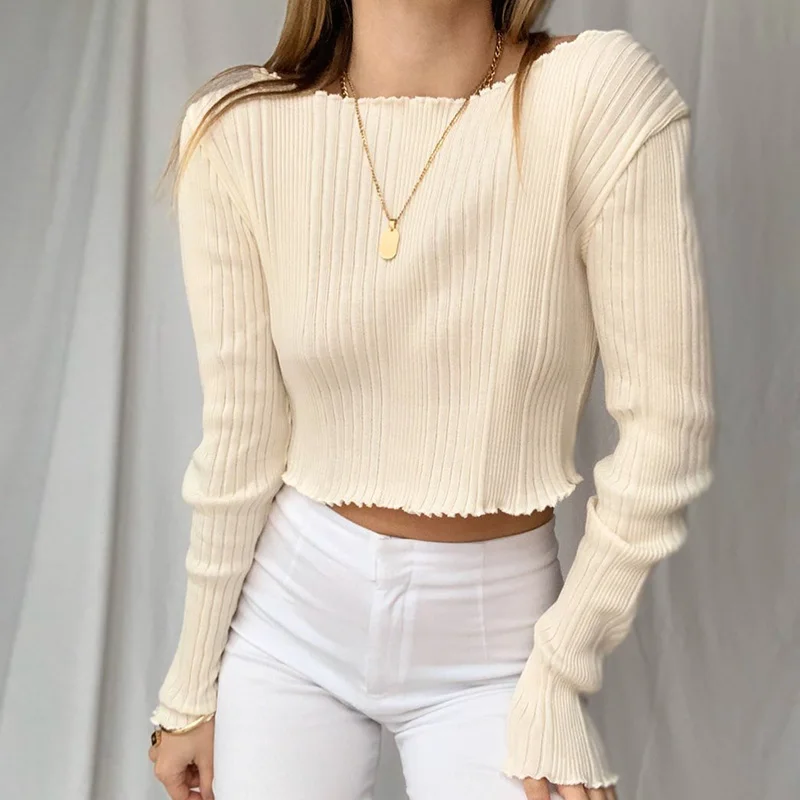 Knitted T-shirt Women Solid Color Shirt Autumn Casual Long Sleeve One Size Ruffled Exposed Navel Midriff-baring Tops for Women