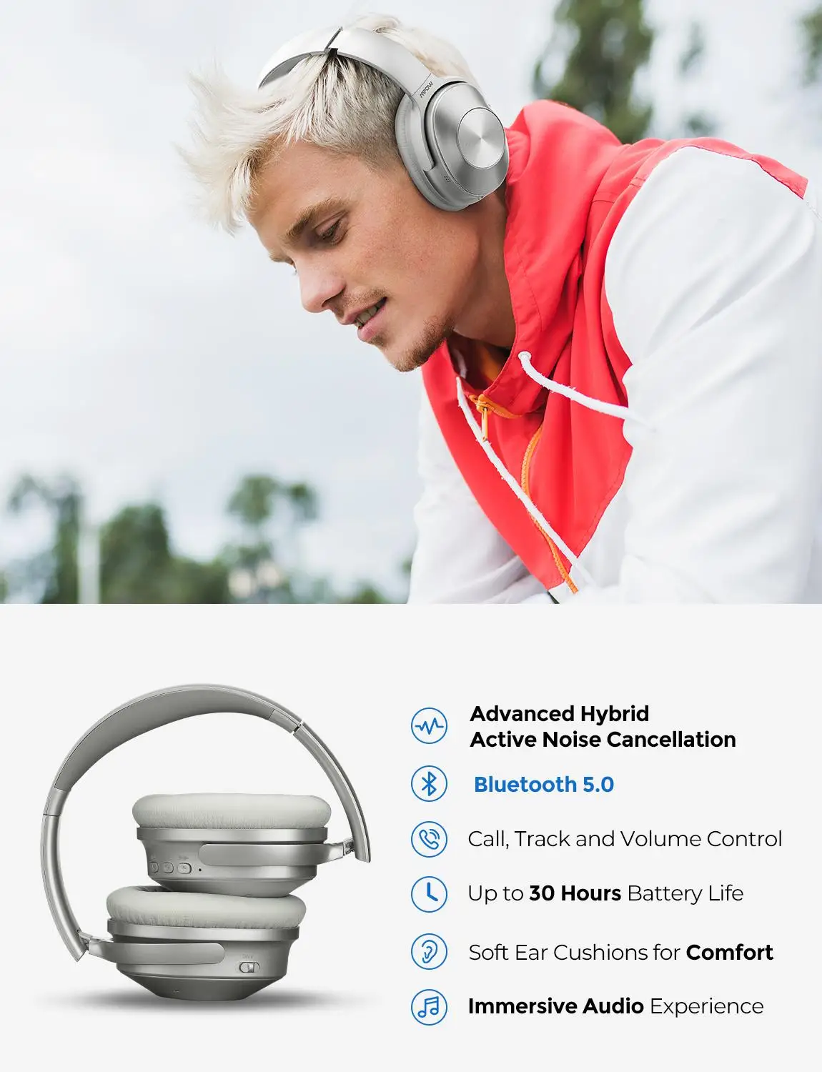 Гибридная гарнитура Mpow H12 Bluetooth 5 0 с активным шумоподавлением беспроводная