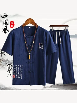 

Traditional Hanfu Chinese Style Clothing Men Pants Set Cotton And Linen Trousers Male Tang Suit Two Piece Set Tops and Trousers
