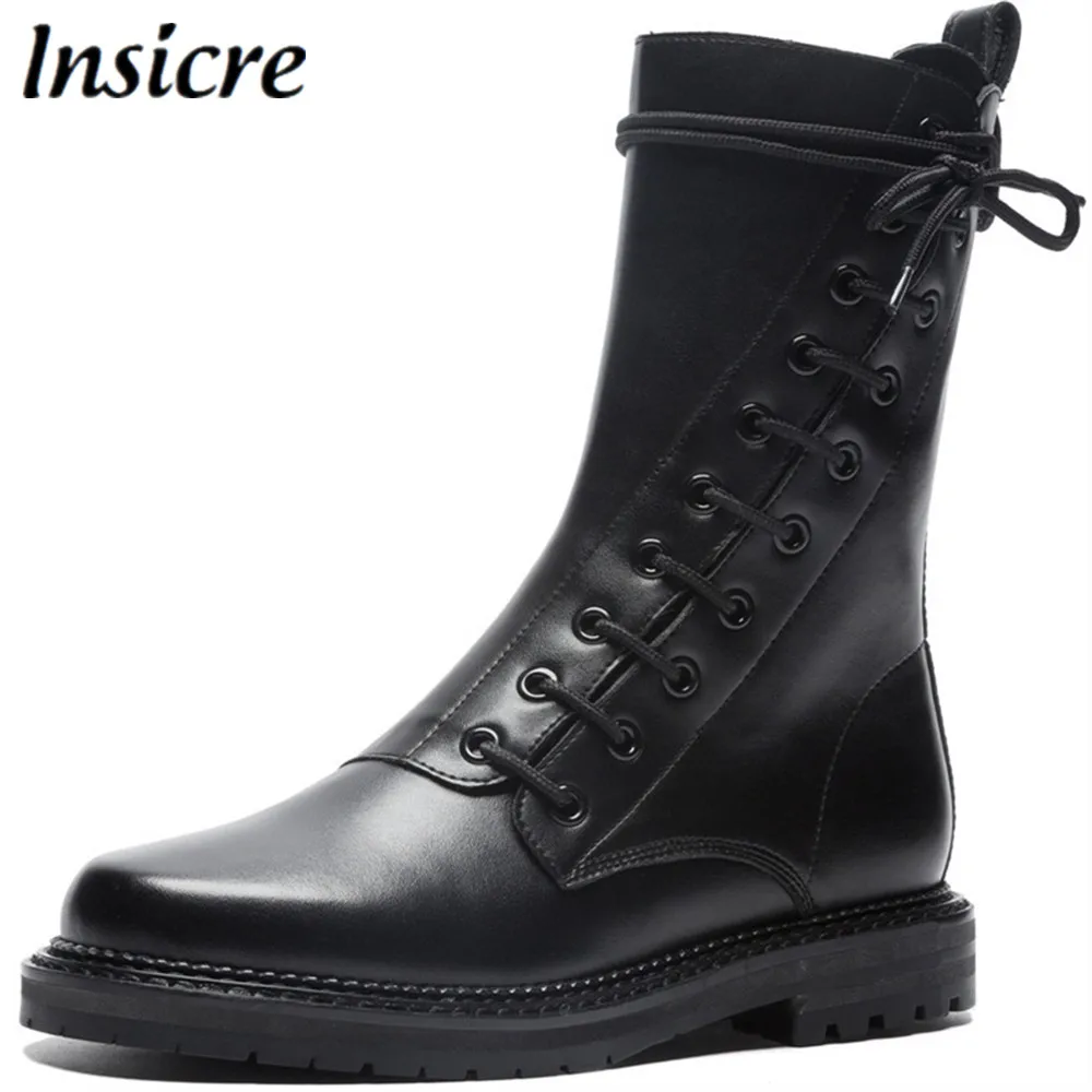 

Insicre New Women Boots Genuine leather woman Ankle Boots Autumn winter round toe Square heels Boots Size 34-40 flat lace-up