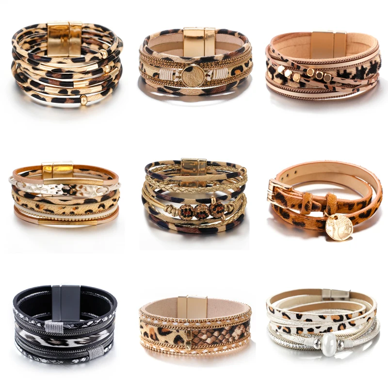 Bracelets Bangles Jewelry Gift Multilayer Wide-Wrap Amorcome Leopard Charm Woman Party