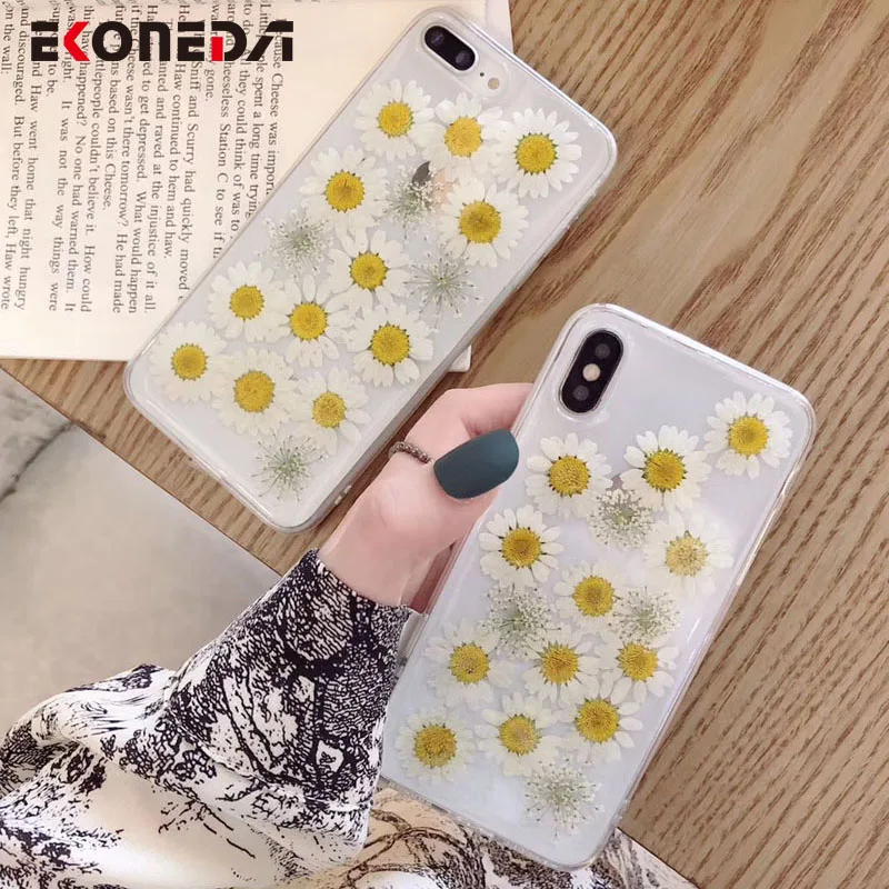 

EKONEDA Real Dried Daisy Flower Case For iPhone XR XS Max X Case Transparent Soft Silicone Case For iPhone 7 Plus 6 6S 8 Plus