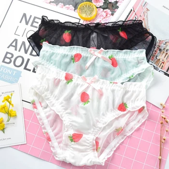 

Women Panties Lovely Strawberry Kawaii Princess Briefs Fruit Pattern Breathable Underwear Cute Woman Lace Mesh Lingeries