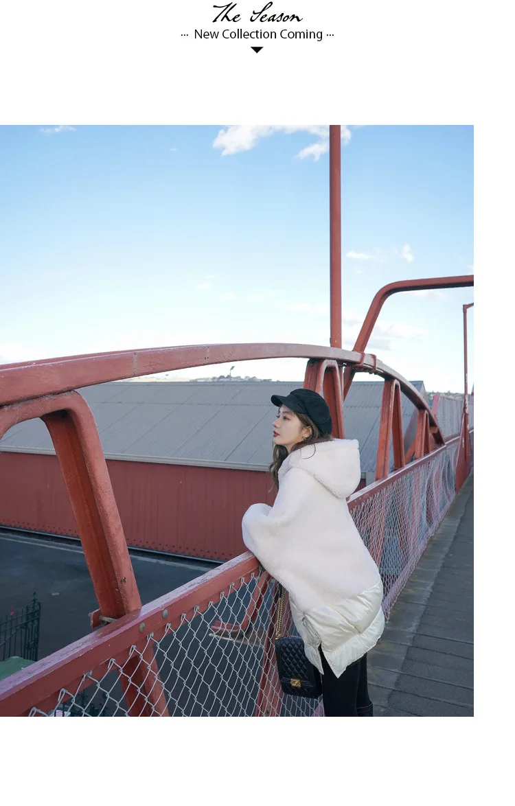 Фото фотосессия основной толчок шикарный ягненка шерсть Off-white свободный крой с капюшоном на шнуровке молнии сустава макет Двухсекционный Хлопок пальто женщин