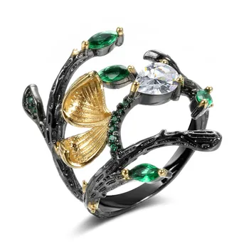 

Antique Design Vintage Black Gold Rings for Women Delicate Butterfly Branch Two Tone Crystal Ring Tungsten Rings Italy Jewelry