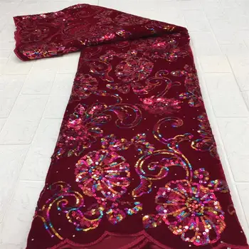 

Red sequin embroidery lace fabric Africa sequin lace fabric 2020 latest French velvet Nigeria wedding dress F3904