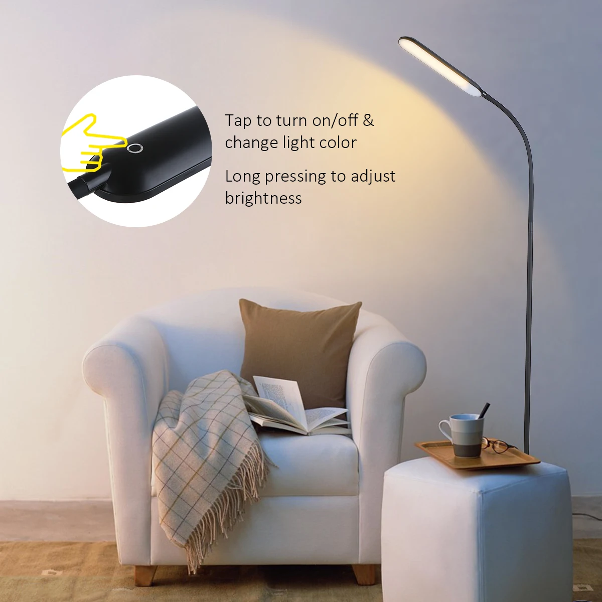 Tomshine LED Floor Lamp Touching Control Dimmable Standing Reading Light with 3 Color Temperatures for Bedroom Living Room