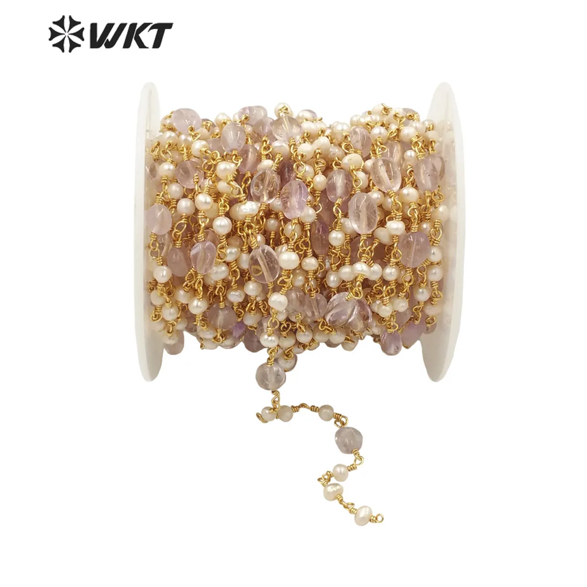 

WT-RBC187 Newest handmade Amethyst stone and Pearl mix rosary beads chain in real gold plated fashion jewelry findings chain