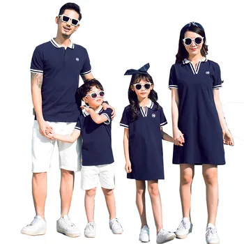 

POLO Collar Casual Style Short Sleeve Parent-child Outfit Kids Family Outfits 2 Pcs T Shirt+Shorts or 1PC Dress Navy Style Suit