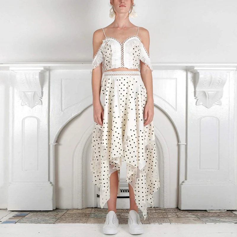 

Dot Lace Patchwork Sexy Woman 2 Piece Sets Ruffles Backless Short Bandage Tops Irregular Hollow Out Long Skirts Fashion 2019 New