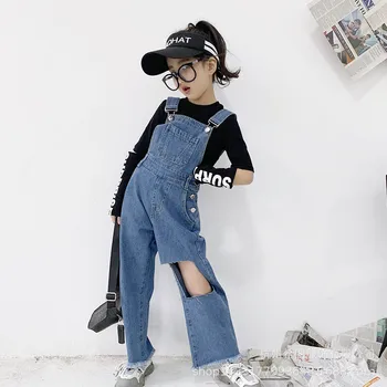 

2020 spring new medium and large children's holes hole strap jeans straight wide leg pants