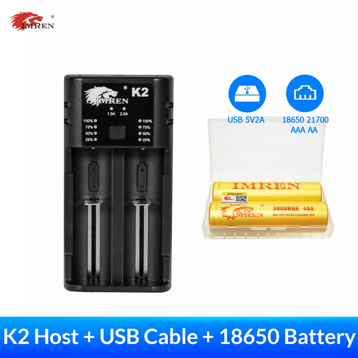 Зарядное устройство IMREN K2 5 В 2 слота Usb для батарей AAA AA A 18650 21700 26650 20700 14500 16340 16650 17650
