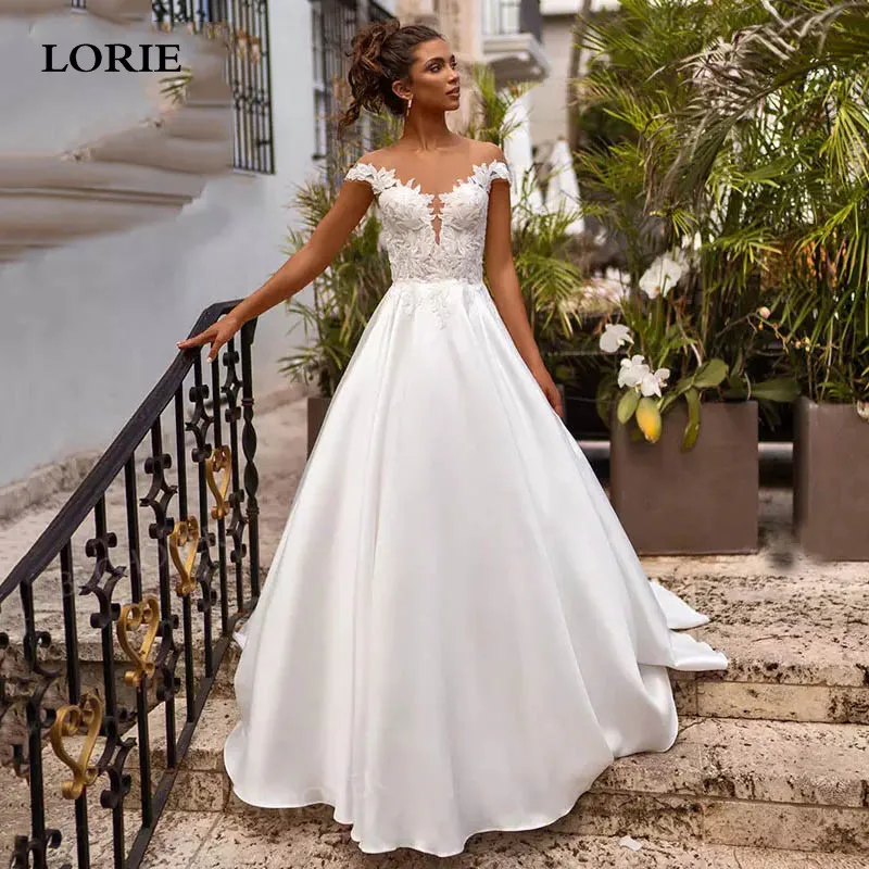 

LORIE Modest A Line Satin Princess Wedding Dresses Top Lace Bride Dresses Cap Sleeve Vestido De Casamento Contry Wedding Gowns