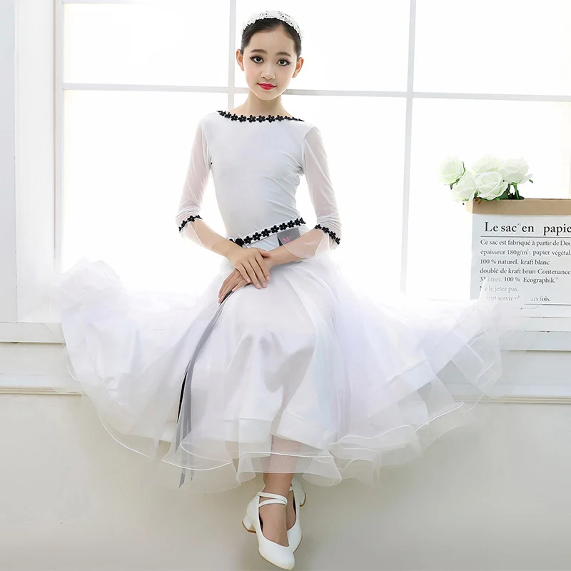 

White Ballroom Dress Mesh Lycra Children Standard Tango Waltz Flamenco Practice Clothing Girls Stage Performing Costume DWY2168
