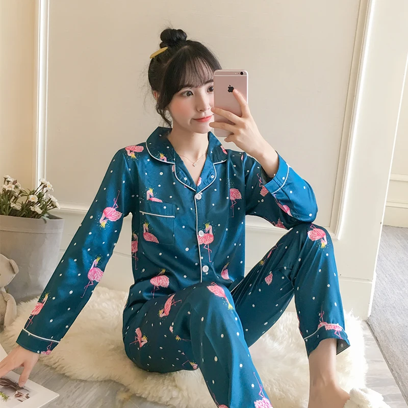 Koop 2019 Satin Pyjama Vrouwen Pyjama Set Mooie Cartoon Konijn Gedrukt Lange Mouw Zijde Nachtkleding Roze Pijama Mujer Vrouwelijke Nightsuit