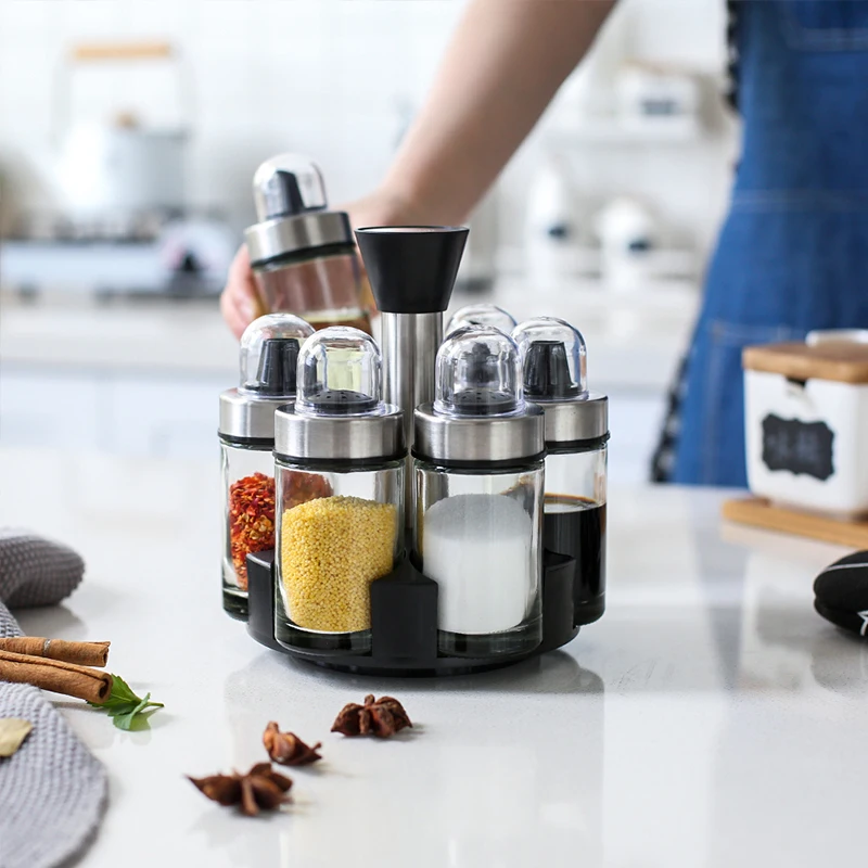 

Unibird 6Pcs/Set Rotary Glass Spice Jars with Base Space-Saving Kitchen Condiment Container for Salt Pepper Seasoning Box Case