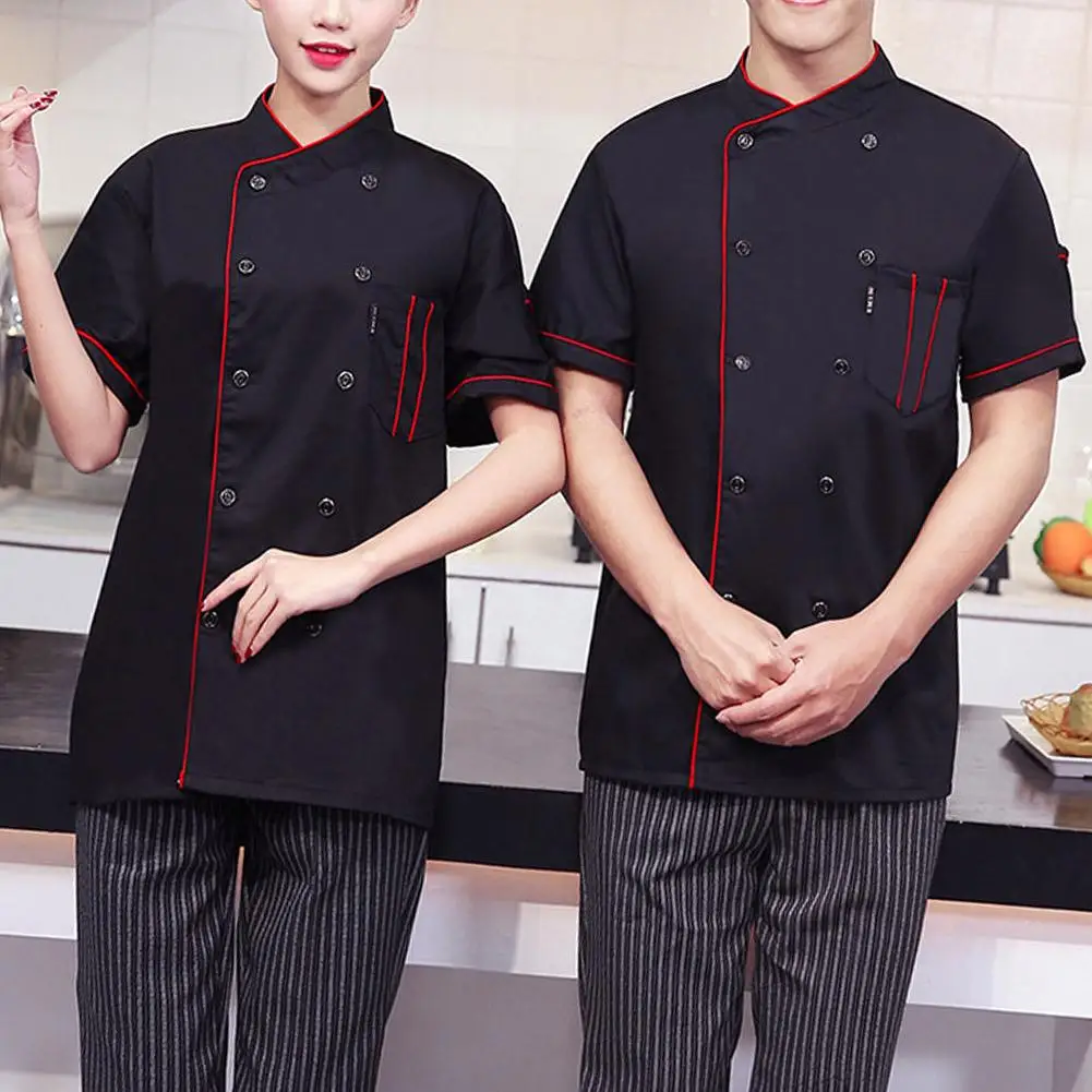 Men Short Sleeve Stand Collar Double-breasted Chef Waiter Uniform Loose T-shirt | Мужская одежда