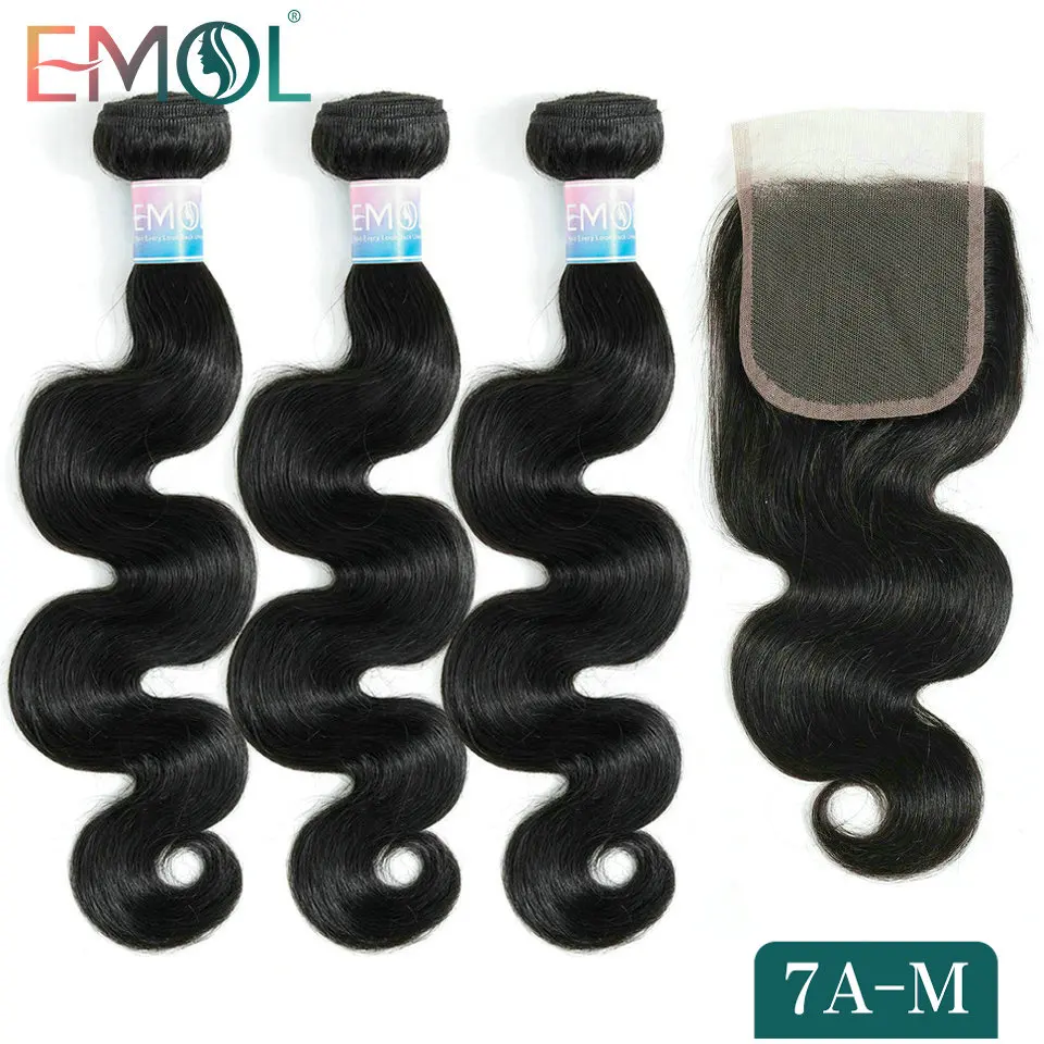 

Emol Body Wave Hair With Closure Brazilian Hair Bundles With Closure Non-Remy Human Hair Bundles With Closure 7A Medium Ratio
