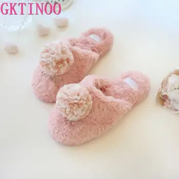 

Cute Ball Winter Shoes Woman Home Slippers Women For Indoor Bedroom House Soft Bottom Cotton Warm Adult Guests Flats