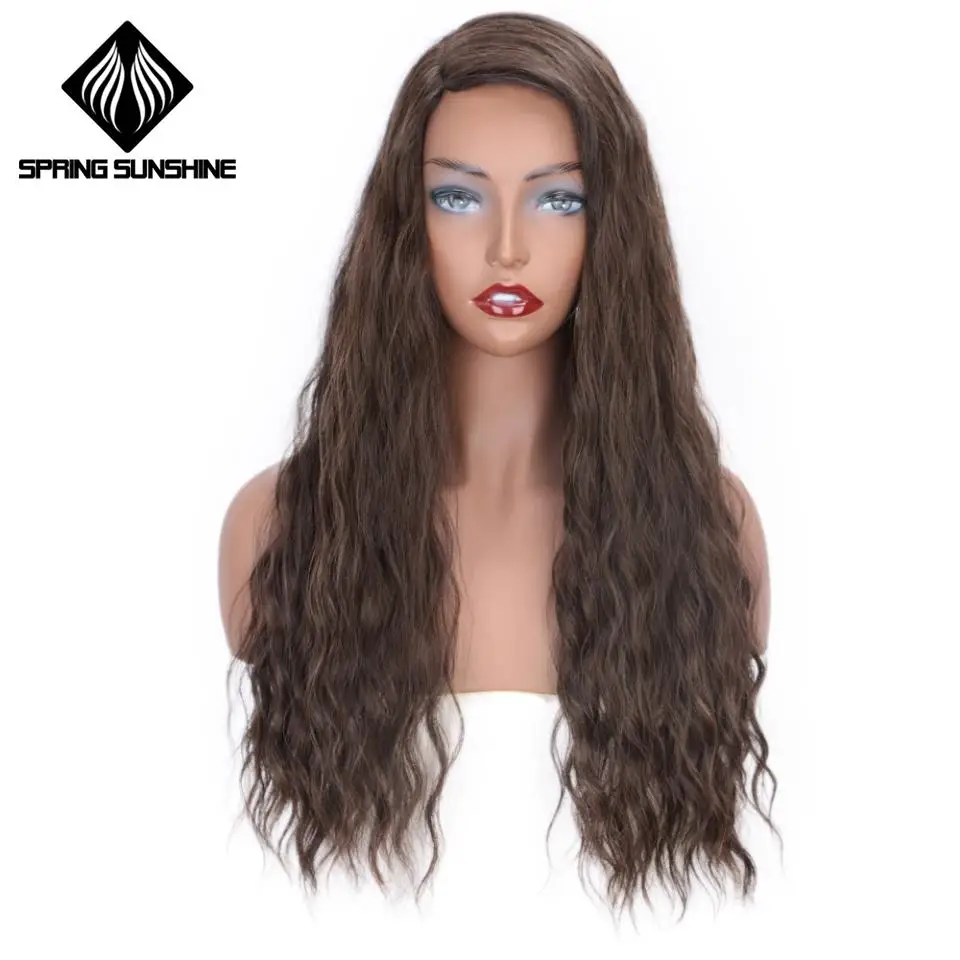 

Spring sunshine Water Wave Separation Line Lace Dark Brown Length High Temperature Fiber Beauty Women Wig Synthetic 24 inches
