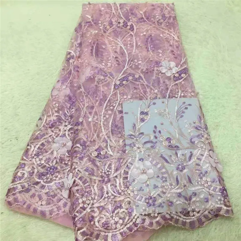 

New pink African French Lace Fabric High Quality 3d flowers African Tulle Lace Fabric For Wedding Beaded French Lace Fabric