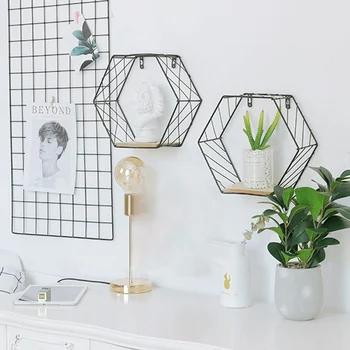 

Elegant Nordic Style Wall Mounted Hexagon Iron Art Storage Shelf Hanging Flower Plant Pot Living Room Decor Book Rack