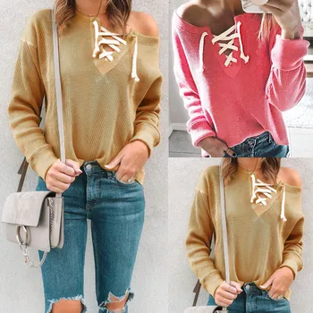 

Women knitting sweaters 2019 autumn sexy tops fashion womens pullovers drawstring sweater casual solid long sleeve slim lady top