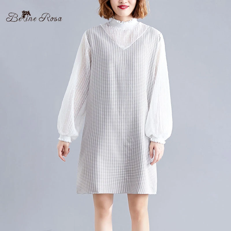 

BelineRosa Elegant Ladies Sweet Style Ruffled Collar Lantern Sleeve Plaid Dresses Loose Style Mini Dress Autumn Winter TTFS0004