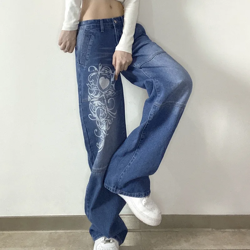 Women Baggy Jeans Y2K Pants Printed Low Waist 2021 Autumn Winter Oversize Wide Leg Baggy Punk Casual cargo Trousers stacked jeans