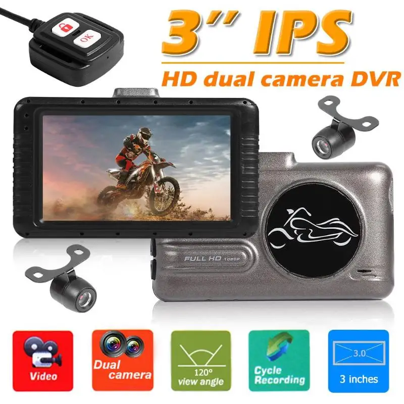  vodool Dual Lens DVR Dash 3.0 Inch LCD Display HDR Function Cam Motorcycle Action Camera FHD 1080P 