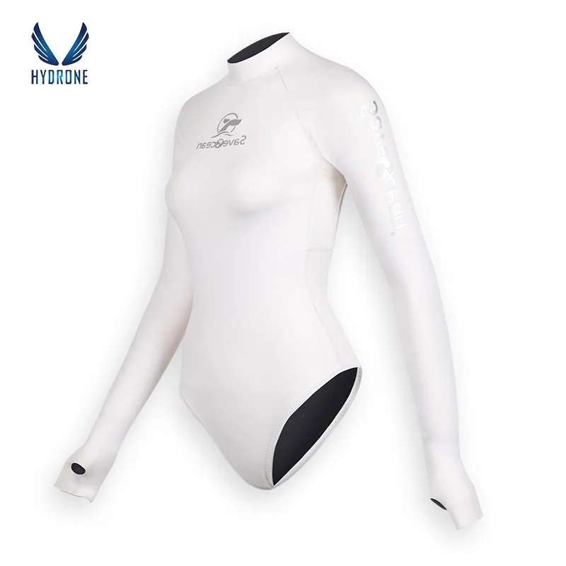 

SaveOcean White Spring Suit Women‘s Freediving Wetsuit 2mm Neoprene Long Sleeve Open-Back High Split Hip Bikini Bodysuit Female