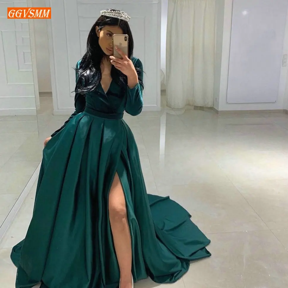 

Marvelous Dark Green Long Evening Gown V Neck Satin Split Side 2020 Sexy Formal Dresses A Line Banquet Guest Evening Dress Party