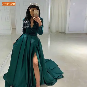

Marvelous Dark Green Long Evening Gown V Neck Satin Split Side 2020 Sexy Formal Dresses A Line Banquet Guest Evening Dress Party