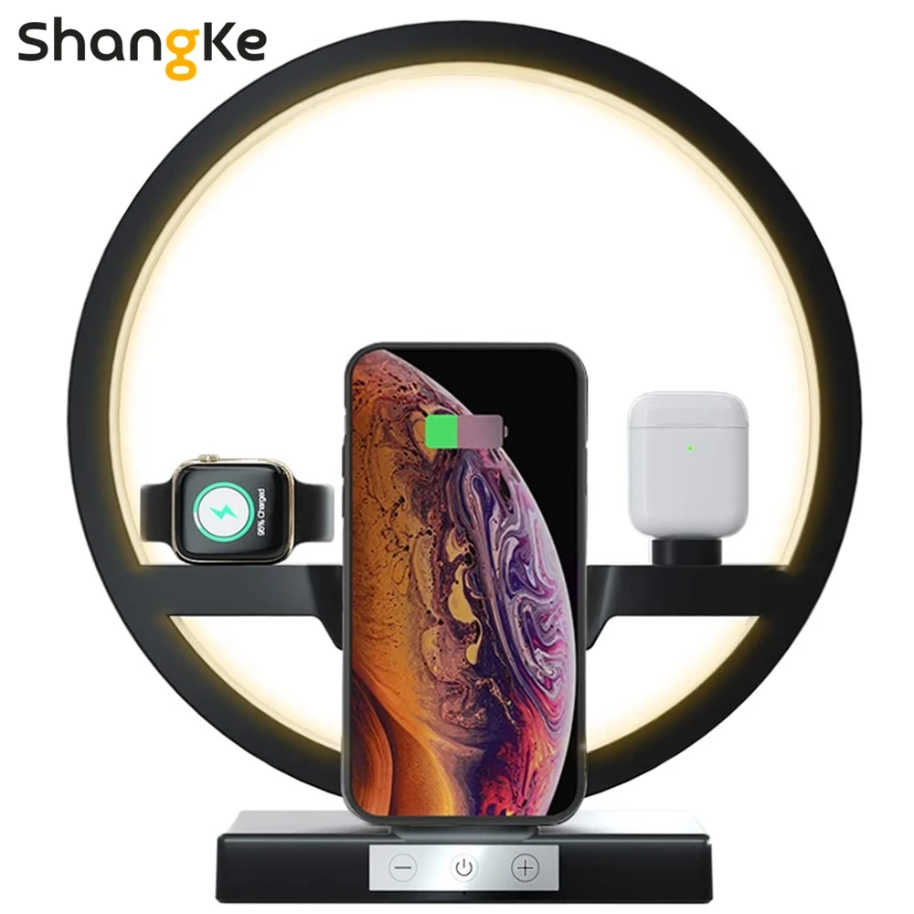4 in 1 Wireless Charger Bedside Lamp 30 W Adapter Wireless Charger Stand for iPhone 12 Pro 11 X Apple Airpods Watch Fast Charger