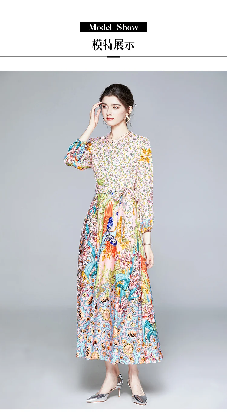 Fashion Designer Runway Long Dress 2020 Spring Autumn Women Dress Puff Sleeve Floral-Print Vacation Elegant Party Maxi Dresses