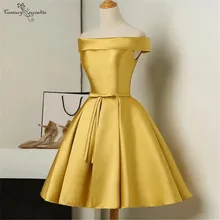 Золотые короткие платья для выпускного длиной до колена с открытыми плечами на шнуровке, атласные платья для выпускного вечера, Простые Вечерние платья, недорогое платье для выпускного вечера