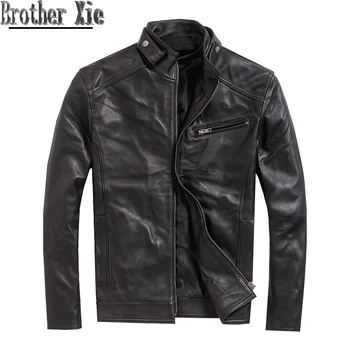 

Black Men Stand Collar Motorcycle Genuine Leather Jacket Coats Slim Plus Size XXXXXL Business Casual Biker Real Leather Jackets