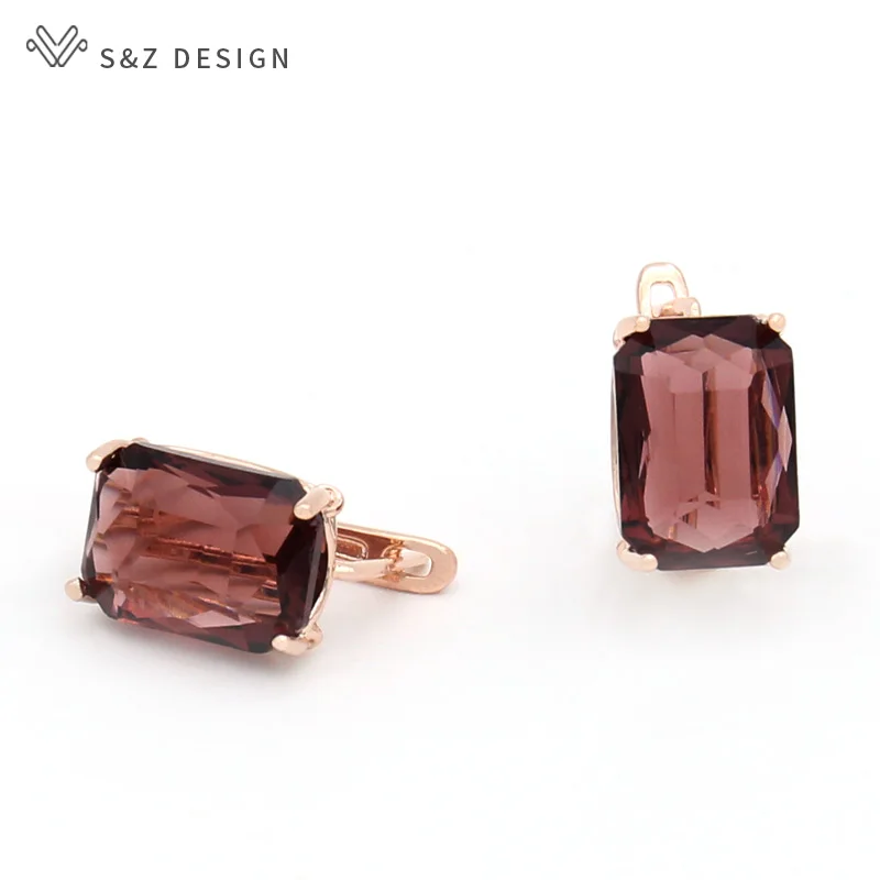 S&Z DESIGN New Fashion Square Imitation Tourmaline Dangle Earrings For Women Fine 585 Rose Gold Color Wedding Jewelry