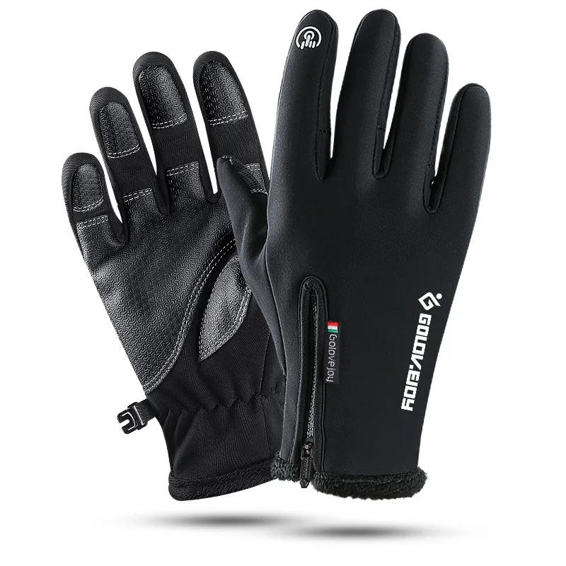 Зимние теплые водонепроницаемые походные лыжные перчатки противоскользящие ветрозащитные морозостойкие уличные Верховые перчатки плюс бархатные перчатки для сенсорного экрана - Цвет: Черный