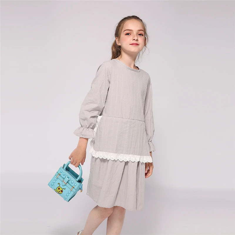 Kseniya Kids/весенне-осенние серые кружевные платья с длинными рукавами для девочек; Новинка из хлопка для детей от 2 до 9 лет