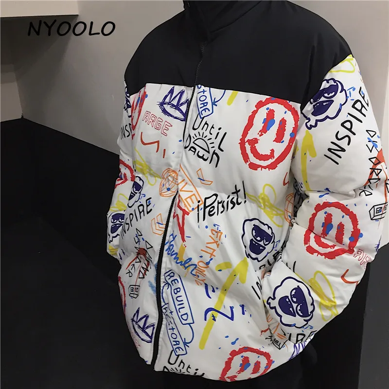 NYOOLO Harajuku уличная граффити дизайн лоскутное утолщаются теплые пальто осень зима Свободная куртка на молнии мягкий для женщин мужчин верхняя одежда