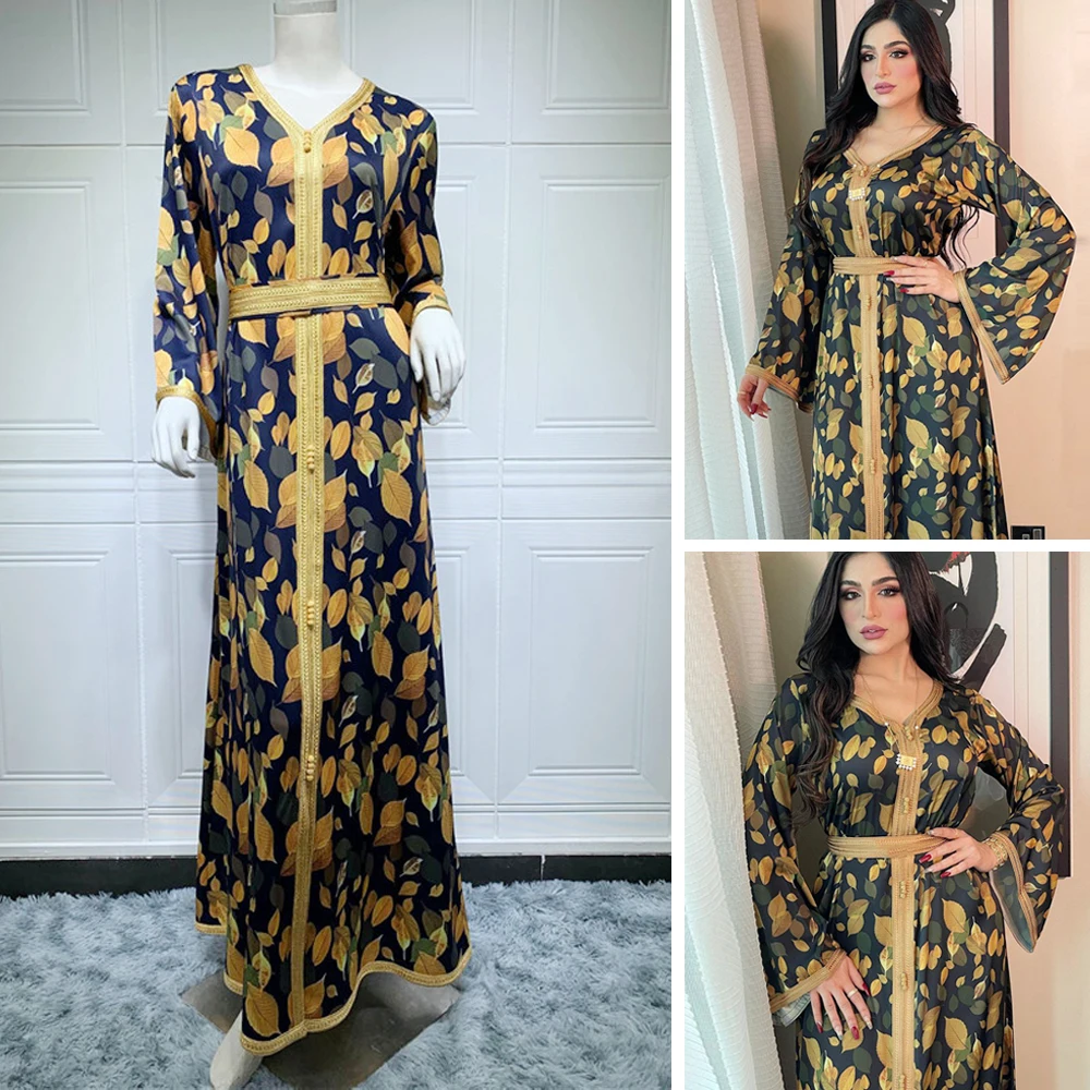 

Luxury Elegant Muslim Women Print Long Dress Dubai Kaftan Eid Ramadan Maxi Robe Jalabiya Arabic Abaya V-neck Middle East Fashion