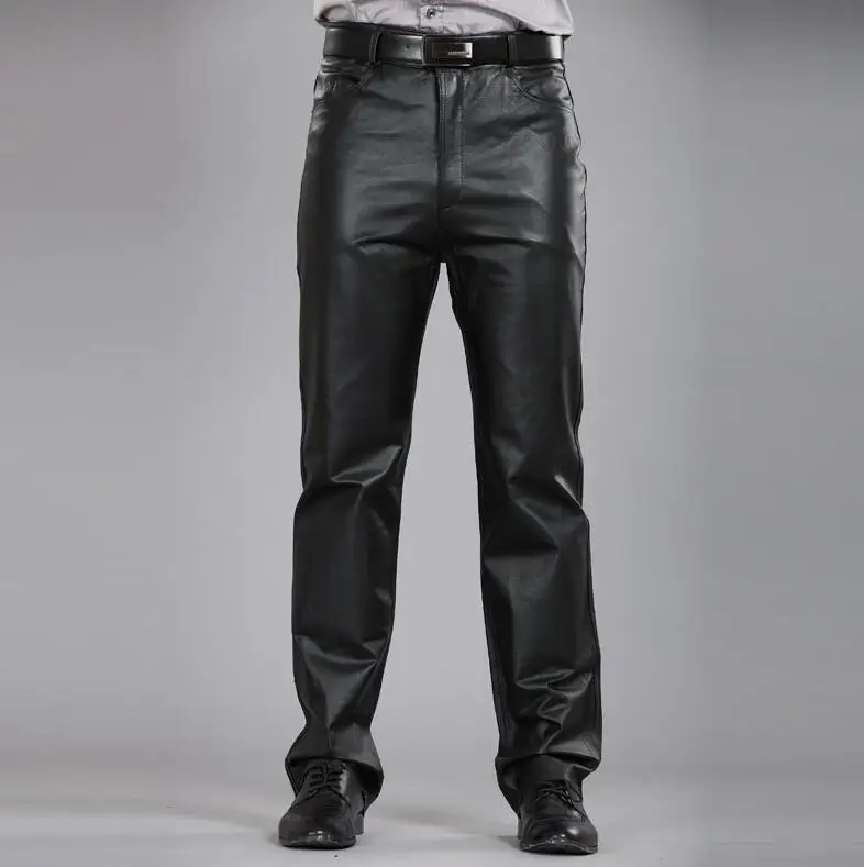 Повседневные брюки мужские из натуральной кожи зимние уличные корейские модные флисовые брюки с подкладкой мотоциклетные овчины прямые теплые мужские - Цвет: black fleece lining