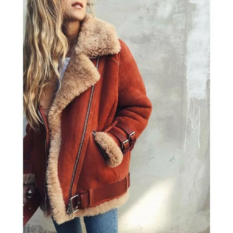 Women's Winter Fashion Zipper Pocket Decor Faux Fur Fleece Linen Coat Outwear Warmer Biker Motor Aviator Jacket